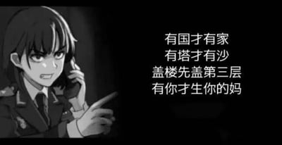 这是一张黑白图文混排的搞笑梗图，左侧是一位身着军装、表情愤怒激动的AI生成动漫女性角色，她手持手机，手指向前方，仿佛正在激烈地争论抬杠；右侧配有四行完全违背正常逻辑的文字：
1. 有国才有家
2. 有塔才有沙
3. 盖楼先盖第三层
4. 有你才生你的妈

这些文字故意颠倒因果、违背常识，通过制造荒谬的反向逻辑来模仿抬杠式的怼人语气，以此产生搞笑效果，比如最后一句完全颠倒了亲子间的先后关系，前面的内容也都是不符合常理的表述，整体风格戏谑搞笑。