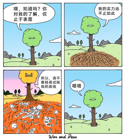 这是一组四格卡通连环漫画，主角是一棵拥有拟人化表情和语言的绿色树木。第一格中，树木带着得意的表情对观者表示，他人对自己的了解仅停留在表面；第二格中，它展示出自己埋在地下的庞大根系，宣称自己的实力远不止于此；第三格中，树木的树冠变为愤怒的黄色，地下的泥土裂开，露出大量的骷髅和白骨，它严肃地警告“请不要轻易试探我的底线”；第四格中，树木又变回原本的绿色，笑嘻嘻地恢复了平常的样子，用夸张的反转制造出黑色幽默的笑点，让原本严肃的警告变成了一个玩笑。