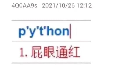 这是一张输入法输入界面的截图，输入框内输入了拆分加单引号的字符p'y't'hon，下方输入法联想栏出现了对应的中文“1.屁眼通红”。这是一个谐音梗：将p'y't'hon按照拼音拆分后对应pì yǎn tōng hóng，正好是“屁眼通红”，和编程语言Python玩了谐音，用趣味的方式调侃了这个编程语言，十分搞笑。
