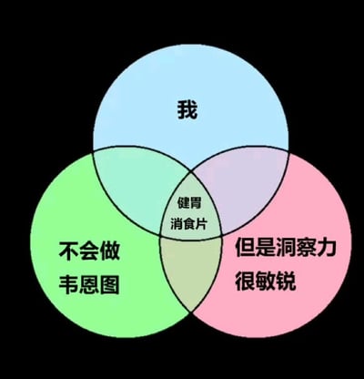 这是一张自嘲式的韦恩图梗图，由三个彩色圆圈组成。上方浅蓝色圆圈标有'我'，左下绿色圆圈标有'不会做韦恩图'，右下粉色圆圈标有'但是洞察力很敏锐'。三个圆圈的重叠区域被幽默地标注为'健胃消食片'，通过韦恩图本身制作不规范（通常韦恩图展示集合关系，此处用自嘲方式打破常规）与文字内容的反差制造笑点，表达了虽然不擅长制作韦恩图但能敏锐洞察事物的幽默自嘲。