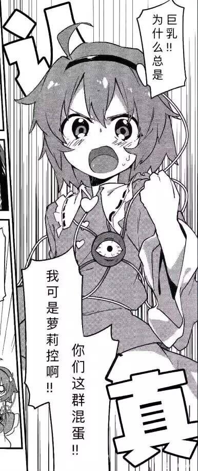 这是一张《东方Project》的同人黑白单幅漫画，图中角色为古明地觉，她眉头紧蹙、圆睁双眼，嘴巴大张，脸上带着愤怒又委屈的神情，一只手攥着自己的衣服，情绪激动地大喊。图中的对白为“巨乳！！为什么总是”“我可是萝莉控啊！！你们这群混蛋！！”，表现出她对身边频繁出现巨乳角色的不满，宣泄自己作为萝莉控的喜好得不到呼应的愤怒，是贴合二次元爱好者喜好的搞笑吐槽内容，没有双关、谐音梗或暗示内容。