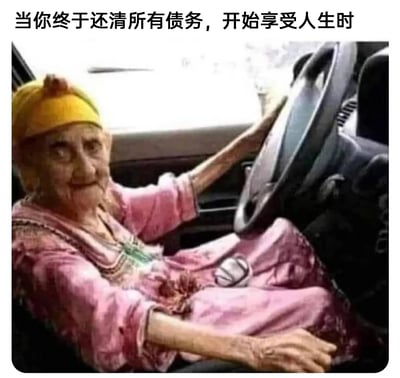 这是一张充满自嘲意味的搞笑梗图，顶部配文“当你终于还清所有债务，开始享受人生时”，图中是一位面容苍老的老奶奶，她穿着粉色传统服饰、头戴黄色头巾，放松地坐在汽车驾驶座上，一只手搭在方向盘，另一只手放在身侧，神态悠闲面带微笑。这张图用夸张的方式调侃当代人可能需要耗费大半辈子甚至一生来偿还房贷、车贷等各类债务，等到终于无债一身轻可以享受人生时，已经到了垂暮之年，精准戳中了被债务压力裹挟的人们的痛点，充满对生活压力的无奈自嘲，容易引发网友共鸣。