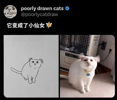图片分为左右两部分，左侧是一幅线条简单、画风粗犷的手绘猫咪，猫咪眼睛圆大，表情呆萌，身体线条略显笨拙；右侧是一只真实的白色猫咪，戴着金色项圈和蓝色吊牌，耳朵竖起，正抬头向上看，背景有一台空调。上方配有文字“它变成了小仙女 ✨”，通过对比灵魂画手的抽象猫咪与现实中可爱的白猫，营造出幽默的反差萌效果。