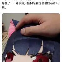 图中呈现一只手正在抚摸一个拥有深蓝色头发、粉色猫耳的二次元风格毛绒玩具，画面上方配有文字“单身男子，一到家就开始拥抱和抚摸他的毛绒玩具”，记录了单身男性回到家中后，与自己喜爱的二次元周边毛绒玩具互动的温馨日常，内容直白，没有双关、谐音梗或暗示内容。