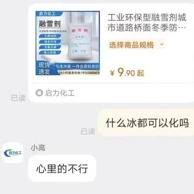 这是一张电商平台的客服聊天记录截图，画面上方是启力化工的工业环保型融雪剂商品展示区域，商品主打城市道路桥面冬季防雪功能，宣传语标注其无毒无害、绿色环保、防滑防冻，同时打出“亏本冲量 一件也是批发价”的促销口号，售价9.90元起，附带24小时服务热线，显示现货速发。画面下方是用户与该店铺客服小高的对话，用户询问“什么冰都可以化吗”，客服没有直接局限于融雪剂的功能，而是用双关的幽默方式回复“心里的不行”，将融雪剂能融化的自然冰雪与人类内心的“冰（心结、愁绪）”关联起来，用巧妙的双关梗回应了用户的问题，增添了对话的趣味性。