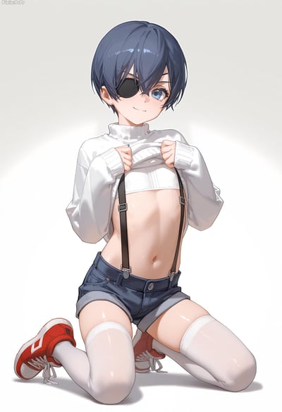 这是一张AI生成的《黑执事》角色夏尔·凡多姆海恩的同人插画，夏尔有着标志性的深蓝色短发与黑色眼罩，身穿白色高领毛衣、牛仔背带短裤，搭配白色过膝袜和红色运动鞋，正跪坐在地上，双手拉起毛衣露出腹部，脸上带着淡淡的微笑，整体画风细腻柔和，色调清新，角色神态略带羞涩感。