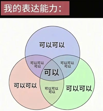 这是一张用于吐槽自身表达能力匮乏的搞笑梗图，图的顶部用红色栏标注主题“我的表达能力：”，下方用三个不同颜色、互相交叠的韦恩图来呈现内容，不管是韦恩图的独立区域还是不同程度的交叠区域，内容全部都是“可以”或者“可以可以”，用夸张的方式调侃自己在日常交流回应时词汇量非常匮乏，不管面对什么场景，都只会反复说“可以”相关的内容，表达非常单一。