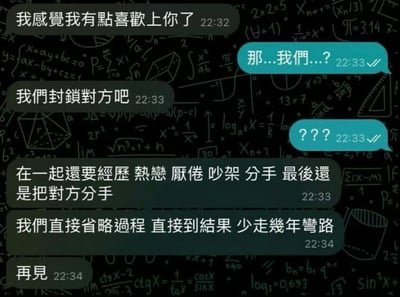 这是一张聊天记录截图，背景是满布数学公式的黑色图案。对话内容讲述了一个幽默的转折：一方在22:32表白说"我感觉我有点喜欢上你了"，另一方在22:33回应"那...我们...?"，表白方却回答"我们封锁对方吧"，并解释说"在一起还要经历热恋、厌倦、吵架、分手，最后还是把对方分手，我们直接省略过程，直接到结果，少走几年弯路"，最后以"再见"结束对话。整个对话充满了反差萌的幽默，用数学公式背景可能暗示了这种"理性分析感情"的荒诞感。