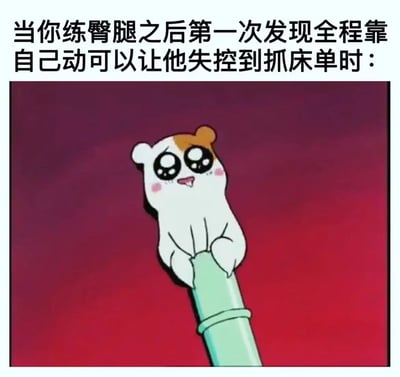 这是一张幽默搞笑的梗图，上方配有文字“当你练臀腿之后第一次发现全程靠自己动可以让他失控到抓床单时：”，下方是动画《哈姆太郎》中的主角哈姆太郎紧握竹竿的截图。哈姆太郎有着大大的眼睛、粉红的脸颊和调皮的笑容，它用前爪紧紧抓住一根绿色的竹竿，身体悬空，表情得意又带着一丝狡黠。图片通过将健身成果与幽默场景结合，创造出一种反差萌的搞笑效果。