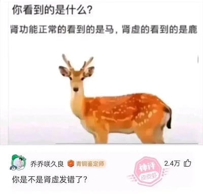 这是一张来自皮皮虾平台的趣味梗图，图上方设置了一个玩笑式测试：“你看到的是什么？肾功能正常的看到的是马，肾虚的看到的是鹿”，但配图却是清晰的梅花鹿；下方用户“乔乔咲久良”的神评“你是不是肾虚发错了？”精准吐槽了配图与文案的矛盾，反讽发图者“肾虚”才会把鹿当成马发出来，这条评论获得了2.4万点赞，用巧妙的吐槽玩活了这个趣味测试梗。