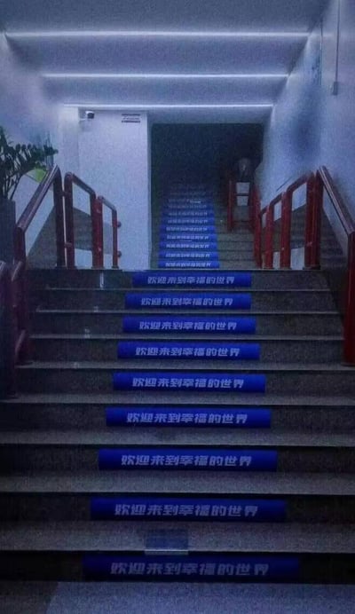这是一张竖版的真实场景拍摄图，视角从楼梯上方向下拍摄，每一级台阶的立面都贴有蓝色底白字的标语「欢迎来到幸福的世界」，该标语沿着楼梯一直延伸至下方，形成重复的视觉效果。楼梯两侧配有红棕色的金属扶手，画面左侧能看到一盆绿植，整体场景给人一种带有仪式感的氛围，仿佛每一步都在走向被标注的「幸福世界」，图中没有双关、谐音梗或暗示内容。