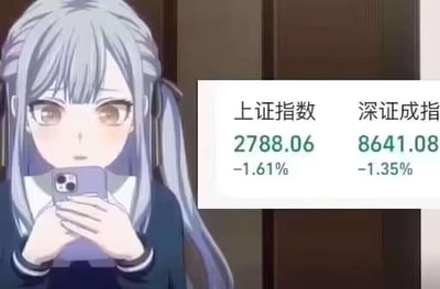 这是一张拼接梗图，左侧是出自《世界计划 多彩舞台 feat. 初音未来》的日野森雫，她有着浅灰长发，扎着双马尾，双手捧着手机，脸上露出震惊、难以置信的表情；右侧拼接了A股的行情截图，显示上证指数报2788.06，下跌1.61%，深证成指报8641.08，下跌1.35%。整张图用动漫少女的震惊表情来类比股民看到股市大跌时的心态，生动地表现出股民面对持仓亏损时的错愕与无奈，没有双关、谐音梗等内容。