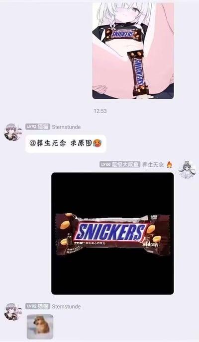 这是一段社群聊天的玩梗互动：首先有用户发布了一张经过创意P图的内容，将士力架巧克力包装与动漫人物的身体部位结合，制造出视觉错位的趣味效果；随后用户「猫猫」@「葬生无念」请求这张图的原图，对方却故意曲解需求，直接发送了真实的士力架巧克力商品图，形成搞笑的反差；最后「猫猫」发送了一张狗狗无奈的表情包，表达自己被整活后的无语情绪。
梗点在于：求图者想要的是经过创作的动漫图原始素材，而回复者故意给出商品的真实原图，用这种反向整活的方式制造笑点。