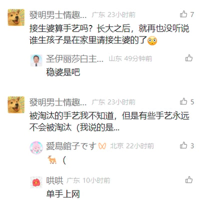 这是一张社交媒体评论区的截图，用户“發明男士情趣...”发起话题，询问接生婆是否算手艺，并表示现在已经很少有人在家请接生婆；用户“圣伊丽莎白主...”回复指出接生婆也叫稳婆；随后原用户表示有些手艺不会被淘汰，但话未说完；用户“愛島餡子です”用括号回应，最后用户“哄哄”用“单手上上网”这个隐晦的谐音梗，暗示原用户未说完的是男性自慰相关的手艺，完成了整个趣味互动，玩了一个低俗但隐晦的网络梗。