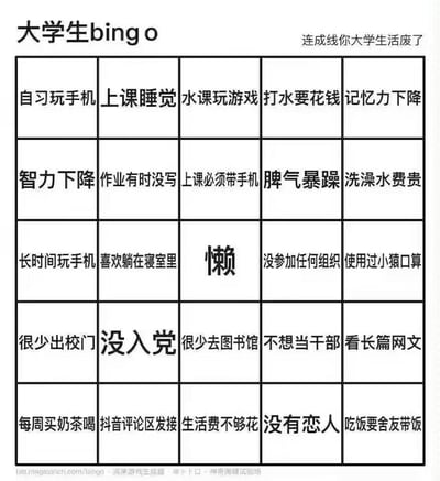 这是一张5×5的大学生主题Bingo表格，标题为「大学生bingo」，右上角标注「连成线你大学生活废了」。表格内的25个格子（含中心特殊标注的「懒」），全是当代大学生常见的颓废、摆烂式生活状态：<br>1. 学习相关：自习玩手机、上课睡觉、水课玩游戏、作业有时没写、很少去图书馆等；<br>2. 生活状态：喜欢躺在寝室里、很少出校门、每周买奶茶喝、吃饭要舍友带饭、生活费不够花等；<br>3. 个人情况：没入党、没有恋人、没参加任何组织、不想当干部等；<br>整体以Bingo游戏的形式，用接地气的内容调侃大学生的日常，极易引发当代大学生的共鸣。