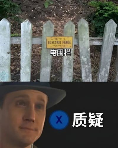 上图为带'电围栏'标识的白色尖桩篱笆，下图为戴帽子男子配'质疑'文字，表示对电围栏真实性的怀疑