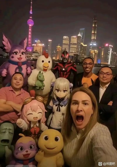 这是一张在上海外滩拍摄的合成合影，背景是亮灯的东方明珠、上海中心等陆家嘴地标建筑。图中拼贴了大量网络热门虚拟形象、特摄角色与真人：包括《间谍过家家》的阿尼亚、《奥特曼系列》的贝利亚奥特曼、“鸡你太美”相关的鸡玩偶、“龙图”小恐龙、《奶龙》的奶龙、网络绿脸表情包形象，还有kig系cos的二次元角色，同时搭配了几位表情各异的真人，前景的外国女士表情夸张大张嘴巴，整体将不同次元的热门梗元素与真实场景混搭，形成搞笑的次元壁破裂效果，风格欢乐无厘头。
无双关、谐音梗或暗示内容。