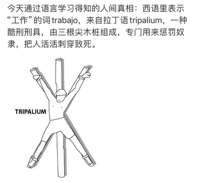 图片上半部分是一段关于西班牙语"工作"一词词源的趣味科普文字，指出西语"trabajo"源自拉丁语"tripalium"，原指一种由三根尖木桩组成的酷刑刑具，用于惩罚奴隶。下半部分是一幅简笔画，描绘了一个人形被固定在三根木桩上的场景，下方标注"TRIPALIUM"字样。整体采用黑白配色，图文结合的方式呈现这个语言冷知识，带有幽默讽刺意味。