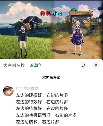 这是一张游戏角色待机状态对比图，左侧是一位身穿黑色服装的女角色站在绿色草地上，手持一把带有问号图案的黑色伞，背景是海洋和天空；右侧是一位身穿蓝色传统服饰的女角色站在村庄入口处，背景有茅草屋和栅栏。图片上方有“待机对比”字样，下方显示“大家都在搜：鸣潮”及评论区内容，其中一条高赞评论重复使用“右边的片多”来幽默对比两个角色的不同特点。
