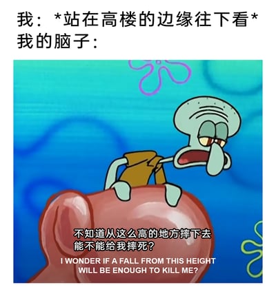 这是一张网友二次创作的梗图，上方文字设定场景为“我：*站在高楼的边缘往下看* 我的脑子：”，引出内心的奇怪想法；下方使用美国动画《海绵宝宝》中章鱼哥的截图，章鱼哥一脸倦怠、生无可恋地趴在粉色物体上，配文“不知道从这么高的地方摔下去能不能给我摔死？”，用章鱼哥的丧系状态精准还原了人们站在高处时偶尔会冒出来的那种无厘头、荒诞又带点危险的奇怪脑洞，以幽默的方式调侃这种日常中莫名其妙的思绪。