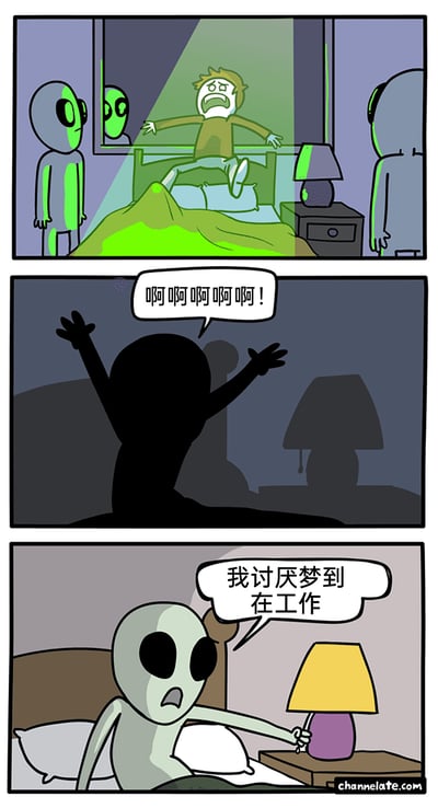 这是一则三格幽默连环漫画：第一格展示了一名人类被多个外星人用绿色光束绑架，人类在床上惊恐挣扎；第二格是一个外星人黑影高举双手大喊；第三格反转揭晓，这个外星人从自己的床上惊醒，打开床头台灯，烦躁地抱怨“我讨厌梦到在工作”。原来绑架人类是这个外星人的日常工作，它在梦中梦到自己正在上班，因此像人类一样因为“梦到工作”而烦躁惊醒，用外星人的职场设定来调侃当代人被工作渗透到梦境的职场焦虑，用夸张的设定引发共鸣。