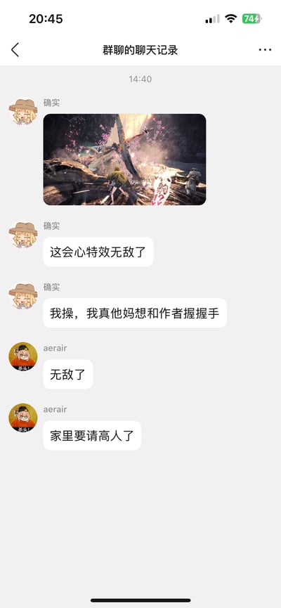 手机截图展示了一个名为“群聊的聊天记录”的对话界面。用户“确实”分享了一张带有绚丽特效的游戏或动画场景图片，画面中有角色在樱花飞舞的环境中战斗，光线效果和粒子特效十分突出。随后“确实”连续发送消息赞叹：“这会心特效无敌了”、“我操，我真他妈想和作者握握手”。另一位用户“aerair”回应“无敌了”，并幽默地补充“家里要请高人了”，整体对话充满对特效画面的惊叹和赞赏。