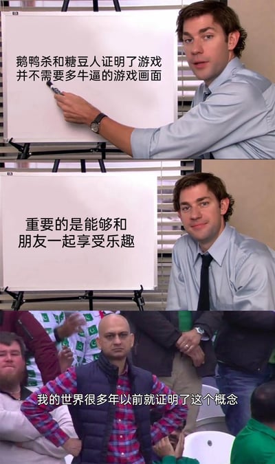 这是一张由三格截图拼接而成的创意梗图，围绕“游戏的核心乐趣”展开讨论。前两格使用美剧《办公室（美国版）》的经典白板讲解场景，先提出“鹅鸭杀、糖豆人证明游戏无需顶级画面”，再点明“和朋友一起享受乐趣才是关键”；第三格则用一个表情无奈的光头男性截图，补充“我的世界很多年以前就证明了这个概念”，通过递进式的调侃，既总结了社交向休闲游戏的魅力，也以反差感的吐槽凸显《我的世界》在游戏理念上的前瞻性，引发玩家群体的共鸣。