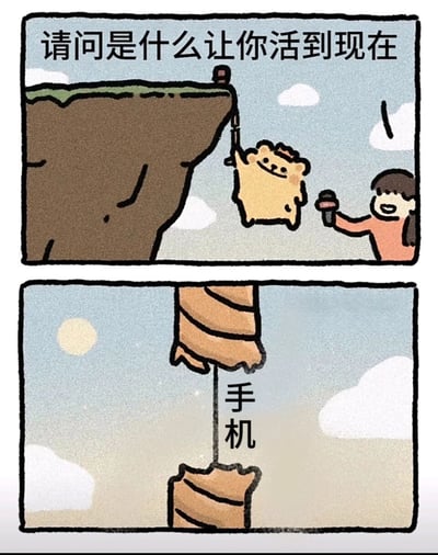 这是一幅由两格组成的连环卡通漫画，以夸张幽默的方式调侃当代人的手机依赖症。第一格画面中，一名手持话筒的记者，兴奋地向悬挂在悬崖边缘、抓着一根线的淡定卡通小熊提问：‘请问是什么让你活到现在’；第二格画面展示出小熊抓着的其实是手机的充电线，下方配文‘手机’，将手机比喻成支撑当代人生活的“救命稻草”，生动且戏谑地表现出手机在人们日常生活中不可或缺的地位，引发当代人的共鸣。