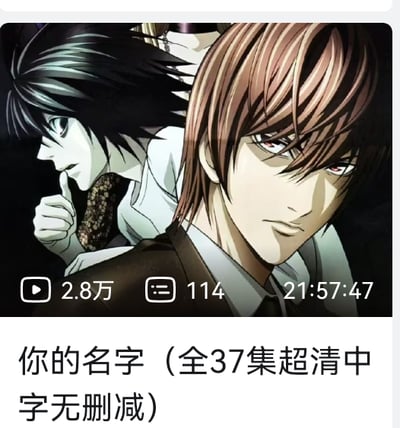 这是一张视频平台的内容展示截图，上方的动画画面是日本悬疑动画《死亡笔记》中的两位核心角色：夜神月与L。画面里夜神月眼神冷峻，直视前方；L则在他身后，单手抵着下巴，神情凝重地陷入思索。但下方的视频标题却标注为「你的名字（全37集超清中字无删减）」，与画面内容完全不符。《你的名字。》是新海诚执导的单部动画电影，并不存在37集的版本，该标题属于典型的标题党引流行为，用知名动画的名字吸引用户点击实际内容不相关的视频。