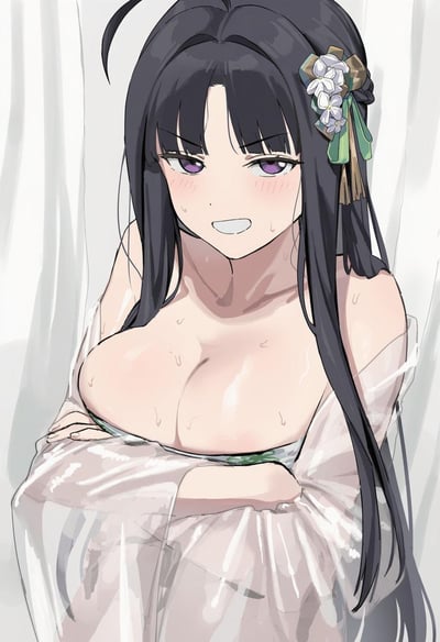 这是一幅AI绘制的二次元竖版插画，画面主体是一位黑发紫眸的古风少女：她的黑发上别着带有白花的发饰，身上布满汗水，仅用边缘带绿纹的抹胸和透明薄衣遮盖身体，双臂紧紧抱在胸前试图遮挡，脸颊泛红，嘴角紧绷，露出窘迫又害羞的神情，背景是简洁的浅色幕布，整体氛围带着羞涩的暧昧感。