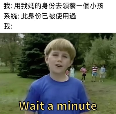 上方文字描述了一段对话：'我：用我妈的身份去领养一个小孩'，'系统：此身份已被使用过'，'我：'。下方是一个金发男孩穿着蓝色T恤，背景有模糊的树木和其他孩子，男孩下方有黄色文字'Wait a minute'。通过文字和画面的结合，制造出一种恍然大悟的幽默效果，暗示'我'可能就是妈妈领养的那个小孩，从而产生身份重叠的搞笑反转。