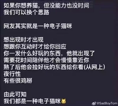 这张深色背景的图文混排梗图，用幽默的类比将网友定义为「电子猫咪」。开篇以「想养猫但没能力没时间可以换思路」引出核心比喻，随后逐条列举网友与猫咪的共通点：仅在自己想出现时才现身、互动全凭意愿、看到有趣内容就会冒出来、需要投入时间维系关系才会逐渐亲近、熟络后会主动分享网上的趣味内容、有「夜行性」（对应熬夜上网的习惯）、部分网友性格古怪难搞（用「有些很鸡掰」形容），最后总结「我们都是一种电子猫咪」并搭配了一个猫咪表情。整个内容精准调侃了网络社交中网友的互动状态，用生活化的观察引发共鸣，风格轻松搞笑，没有双关、谐音梗或暗示内容。