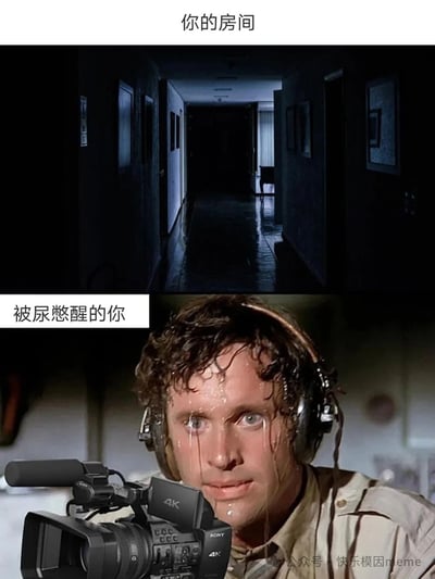 这是一张上下对比的搞笑梗图。上半部分是一个黑暗、阴森的走廊，配文"你的房间"，营造出恐怖电影的氛围。下半部分是一个戴着耳机、手持摄像机的男人，他满头大汗，表情惊恐，配文"被尿憋醒的你"。图片通过夸张的对比，幽默地表现了深夜憋尿时不得不穿过黑暗房间去卫生间的恐惧感。