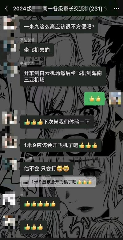 这张图是2024级高一家长交流群的微信聊天截图，群内共有231名成员。最初有群成员询问“一米九这么高应该很不方便吧？”，昵称为“宇某爸爸”的家长没有回应身高相关的问题，反而答非所问回复出行相关内容：“坐飞机去的”“开车到白云机场然后坐飞机到海南三亚机场”，其他群成员误解了他的回复语境，误以为他在说身高1米9的人出行是坐飞机，开始顺着玩梗，先是有人发点赞表情，接着有人说“下次带我们体验一下”，后续更有多名群成员玩梗称“1米9应该会开飞机了吧”并附上点赞表情，“宇某爸爸”则回复“他不会 只会打”搭配两个呲牙笑表情，后续仍有群成员重复玩这个梗，满屏都是点赞表情，整体氛围诙谐搞笑，笑点源于答非所问引发的信息差误会。