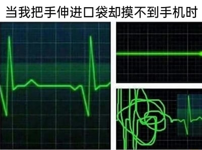 这是一张多图拼接的网络表情包，顶部配有核心文字“当我把手伸进口袋却摸不到手机时”。图片由三部分心电图波形图组成：左侧是规律跳动的正常心电图，代表摸手机前的平稳状态；右上是一条直线的心电图，模拟瞬间摸不到手机时的“心跳骤停”感；右下是先混乱缠绕、随后回归波动的心电图，对应慌神后情绪逐渐平复但仍有波动的状态。整张图用心电图的具象变化，生动调侃了当代人对手机高度依赖的日常状态，情绪表达精准且充满趣味。