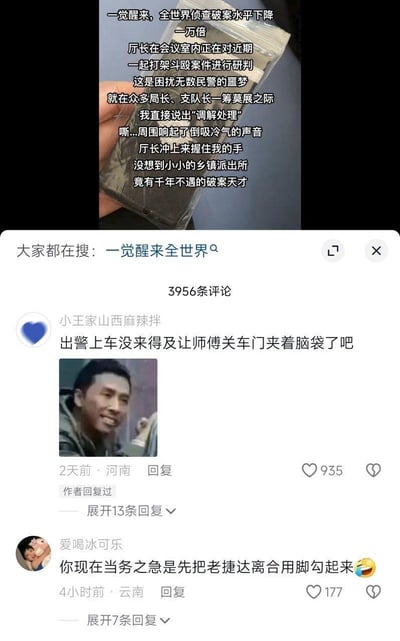 这是一张来自短视频社交平台的截图类梗图，上方是一段模仿网络爽文的搞笑段子，用夸张的爽文叙事包装民警调解打架斗殴案件的日常：设定全世界破案水平下降一万倍，厅长等一众高层对打架案一筹莫展，“我”提出“调解处理”后被厅长奉为千年一遇的破案天才，充满反差感。下方是两条神级吐槽评论：第一条评论配上甄子丹的搞笑表情包，调侃“我”是被车门夹了脑袋；第二条评论结合老捷达手动挡需要用脚勾离合的特点，吐槽“我”该先解决这个“当务之急”，整体内容玩梗密集，笑点拉满。