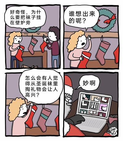 这是一幅四格幽默漫画，围绕圣诞袜的传统习俗展开荒诞反转。第一格中，卷发女生和一名男生在壁炉旁悬挂圣诞袜，女生露出疑惑的表情，提出“为什么要把袜子挂在壁炉旁”的疑问；第二格中，女生继续追问这个习俗的发明者；第三格中，女生进一步质疑“从圣诞袜里掏礼物会让人高兴”的逻辑；第四格则给出了荒诞的答案：圣诞老人正坐在电脑前，看着屏幕上各种脚部的图片，发出“妙啊”的赞叹，揭示出圣诞袜的习俗其实是源于圣诞老人喜欢看人们掏袜子时露出的脚的特殊趣味，用无厘头的解释解构了传统圣诞习俗，制造出强烈的幽默效果。