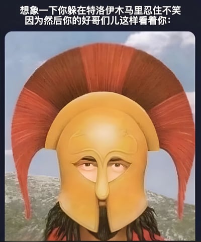 图片上方配有文字“想象一下你躲在特洛伊木马里忍住不笑 因为然后你的好哥们儿这样看着你：”，下方是一个戴着金色头盔、头盔顶部有红色扇形羽饰的卡通人物形象。人物面部表情严肃，双眼直视前方，背景为模糊的天空和地面。整体通过历史典故“特洛伊木马”与朋友间的调侃场景结合，营造出幽默搞笑的氛围，让人联想到躲在木马里本应紧张却被同伴严肃表情逗笑的有趣画面。