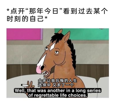 这是一张改编自动画《马男波杰克》的情绪共鸣类梗图，顶部配文“*点开“那年今日”看到过去某个时刻的自己*”点明场景；图中是拟人化的主角马男波杰克，他手持点燃的香烟，表情懊恼烦躁，眉头微皱、嘴角下撇，露出悔恨的神情，配文“众多让我后悔的人生选择中 又多了一个”，下方还保留了动画的英文原台词“Well, that was another in a long series of regrettable life choices.”。这张图精准捕捉到人们在社交平台“那年今日”功能中看到过去自己的行为时，产生的对过往选择的悔恨、懊恼情绪，借助马男波杰克本身丧系、自我否定的角色特质，放大这种情绪，极易引发网友的共鸣。