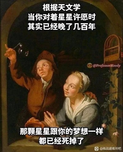 这是一张基于古典写实油画进行二次创作的文字加注梗图。画面主体是一男一女两个人物，男子身着棕色复古服饰，头戴软帽，举着类似简易望远镜的器具指向画面上方，神情带着兴奋；女子身着灰蓝色复古衣装，头戴白色头巾，双手合十抬头仰望上方，眼神满是憧憬。图中添加了两段扎心文字，上方文字结合天文学知识说明“当你对着星星许愿时其实已经晚了几百年”，下方文字将星星与梦想类比，写道“那颗星星跟你的梦想一样 都已经死掉了”，利用天文现象中星光传播的时间差，幽默又扎心地调侃梦想的破灭，属于网络上流行的丧文化搞笑内容，用反差感制造笑点。