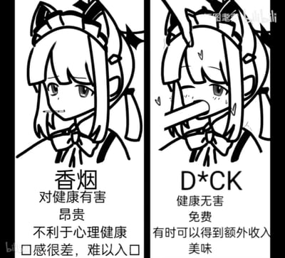 这是一张左右分栏的黑白线稿梗图，左侧是叼着香烟的猫耳少女，下方列出香烟的负面属性：对健康有害、昂贵、不利于心理健康、口感很差难以入口；右侧是被类似男性器官的物体捂住嘴的同款少女，表情害羞脸红带汗珠，下方列出D*CK的“正面”属性：健康无害、免费、有时可以得到额外收入、美味。
这张图通过低俗的反差对比玩梗，用反向调侃的荒诞方式制造搞笑效果，属于擦边球类的低俗幽默内容。