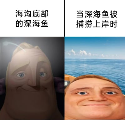这是一张左右分栏的对比梗图，左侧标注文字为“海沟底部的深海鱼”，搭配被挤压变形的超能先生形象，以此表现深海环境压力极大，深海鱼身体处于被压缩的状态；右侧标注文字为“当深海鱼被捕捞上岸时”，搭配面部膨胀的超能先生形象，表现海面压力远低于深海，深海鱼因体内压力无法释放而身体膨胀的状态。该图借助流行的超能先生梗图，以生动幽默的方式科普了深海鱼在不同压力环境下的生理变化特点，兼具趣味性与知识性。