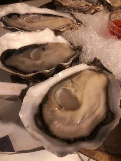 图片展示了一盘冰镇新鲜生蚝，生蚝壳打开，肉质饱满，整齐摆放在碎冰上以保持新鲜度。右侧有一小杯红色酱汁，可能是用于搭配生蚝的调料。左下角可见部分标签，上面有“玫瑰粉”字样，可能是生蚝的品种名称或相关产品信息。整体画面突出了海鲜的新鲜质感和精致摆盘。