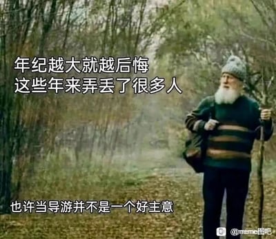 这是一张利用语义双关制造笑点的冷笑话梗图。图中上方文字“年纪越大就越后悔 这些年来弄丢了很多人”先营造出一种伤感的人生感慨氛围，让观者误以为是老人在惋惜人生中错过的亲友；随后下方的转折文字“也许当导游并不是一个好主意”，将“弄丢很多人”的含义从人生际遇转向导游工作中弄丢游客的职场失误，形成强烈的反差喜剧效果。画面主体是一位背着背包、拄着拐杖的老年男性，他神情惆怅地站在落叶满地的林间小路上，背景的萧瑟氛围与文字开头的伤感基调相呼应，进一步强化了转折的搞笑感。