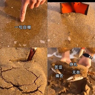 这是一张由四格画面组成的连环图文梗图，第一格展示一根手指轻点沙滩，配文“一句自嘲”，表现出表面轻松的状态；第二格沙滩下露出疑似螃蟹钳子的物体，暗示隐藏的问题；第三格沙滩出现明显裂纹，预示情绪即将爆发；第四格呈现被螃蟹大钳紧紧夹住的手，配文“苦涩、痛苦、挣扎、无奈”，用这个具象化的场景比喻当代人在生活、工作中，常常将内心的痛苦、无奈等负面情绪隐藏起来，只用一句看似轻松的自嘲来掩饰，实则在承受着不为人知的挣扎。