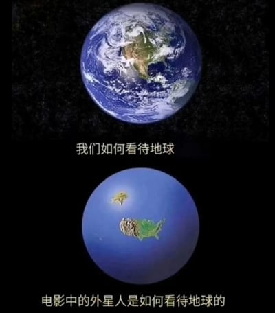 图片采用上下对比构图，上方为真实地球卫星图像，清晰展示美洲大陆及蓝色海洋，配文“我们如何看待地球”；下方为简化版蓝色地球，仅突出一小块类似美国及周边的陆地，配文“电影中的外星人是如何看待地球的”。通过夸张对比幽默讽刺电影中外星人常将地球焦点过度集中于特定区域（如美国）的刻板套路。