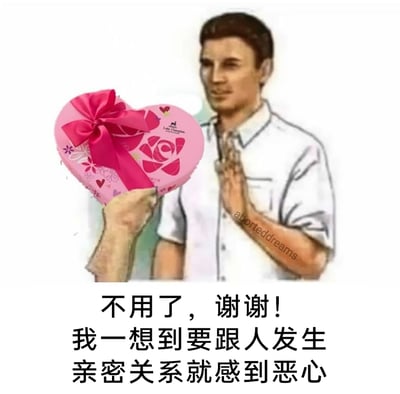 这是一张改编的网络梗图，画面左侧有一只手递出一个装饰着粉色蝴蝶结的爱心礼盒，右侧的白衣男子抬手做出拒绝的动作，男子手臂上印有“aborteddreams”的水印。图片下方配文“不用了，谢谢！我一想到要跟人发生亲密关系就感到恶心”，生动地表达了对亲密关系的排斥心态，常用于调侃或抒发单身主义者、亲密关系恐惧人群的真实感受。