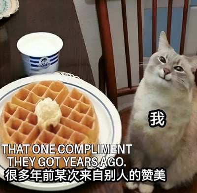 图片中一只灰白色的猫坐在木质椅子上，抬头专注地注视着桌上一盘金黄色的华夫饼，华夫饼中央放有一团黄油。猫的身体右侧有黑色文字标签“我”，图片下方则配有英文“THAT ONE COMPLIMENT THEY GOT YEARS AGO.”和对应的中文翻译“很多年前某次来自别人的赞美”。通过猫渴望华夫饼的生动姿态，幽默形象地比喻了人们对多年前收到的赞美记忆犹新、时常回味的心理状态。