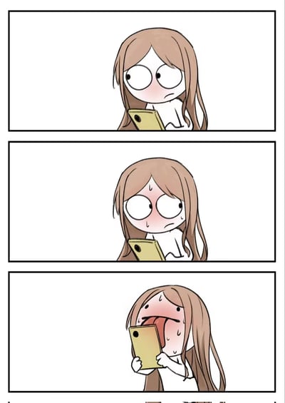 三格连环漫画，展示一个棕色长发卡通女孩看手机时的情绪变化过程。第一格中女孩轻微脸红，表情平静；第二格脸红加深并开始流汗，表情变得紧张；第三格女孩满脸通红，嘴巴大张，表现出极度震惊的反应。