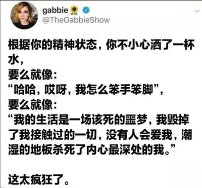 这是一张Twitter（现X平台）的社交媒体截图，显示用户@gabbie（账号@TheGabbieShow，带有向日葵表情和认证徽章）发布的内容。图中文字以幽默的方式对比了两种极端的精神状态下对“不小心洒了一杯水”的不同反应：一种是轻松自嘲的“哈哈，哎呀，我怎么笨手笨脚”，另一种则是极度夸张的负面联想“我的生活是一场该死的噩梦，我毁掉了我接触过的一切，没有人会爱我，潮湿的地板杀死了内心最深处的我”，最后以“这太疯狂了”收尾，生动展现了日常小事引发的情绪波动差异。